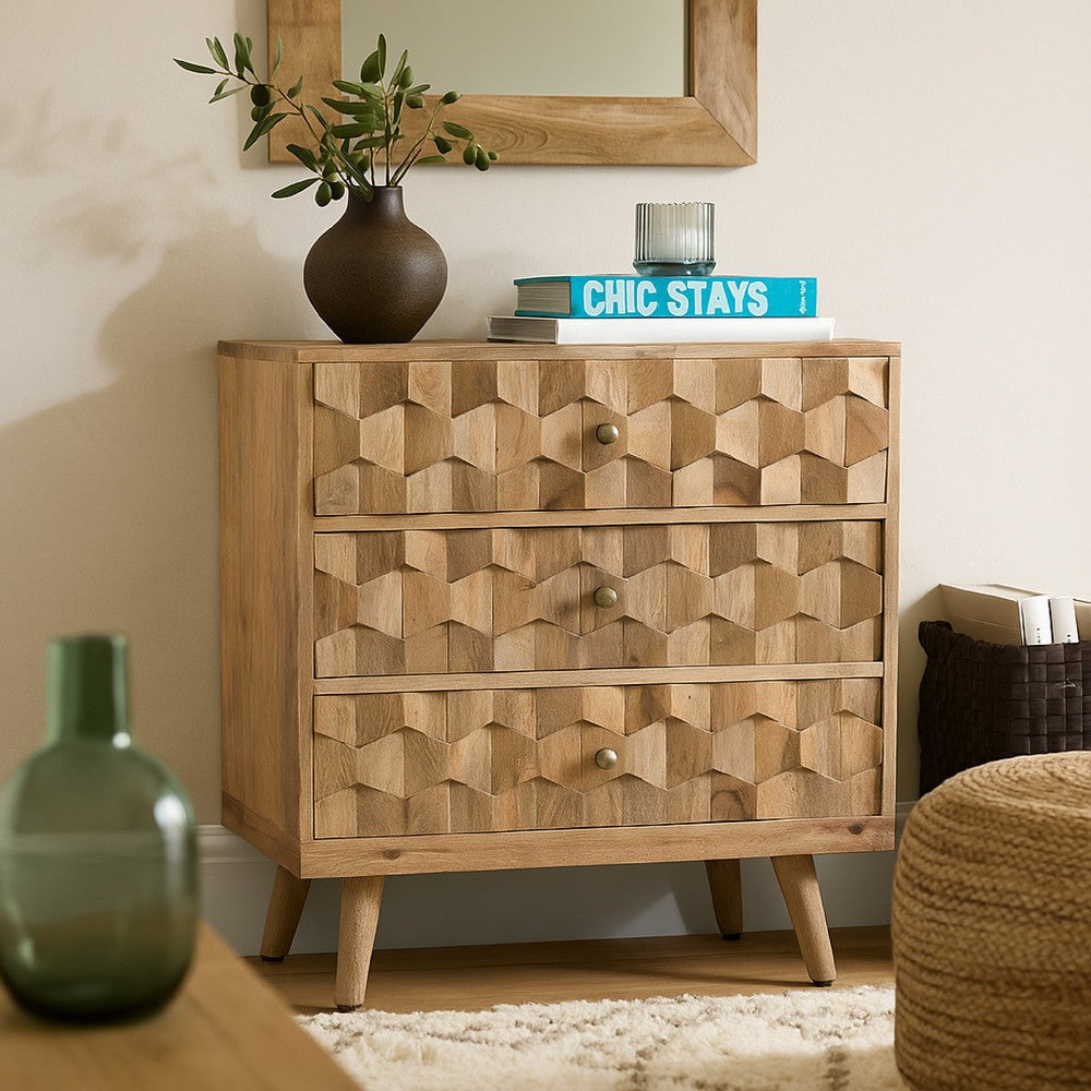 Oversize Nightstand Dresser | Woven Design 3 Drawer Light Brown Wood
