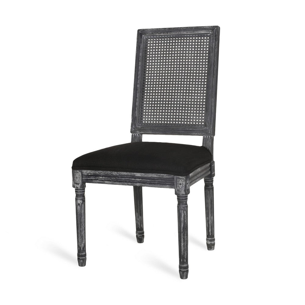 Marsie Dining Chair Set of 2 | Black Fabric | Wood Frame Cane Backrest