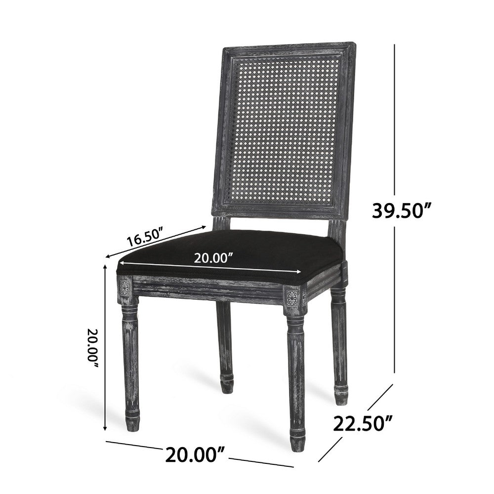 Marsie Dining Chair Set of 2 | Black Fabric | Wood Frame Cane Backrest