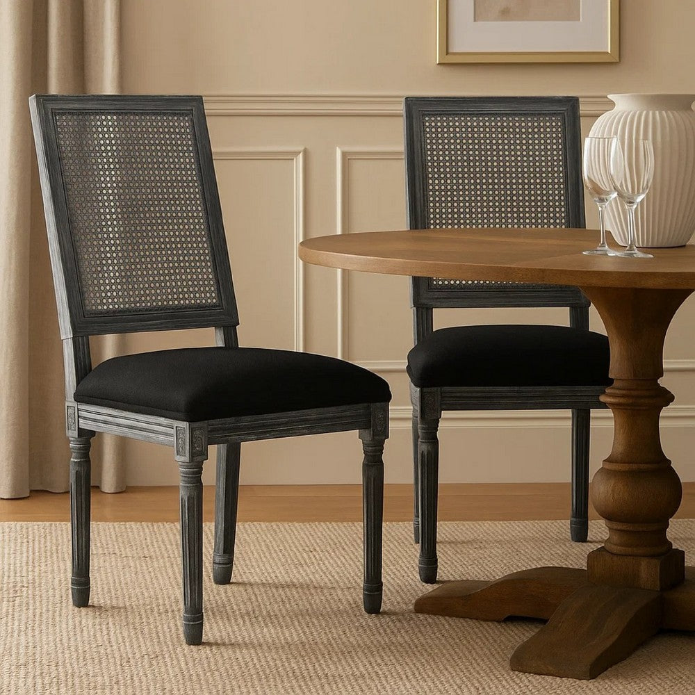 Marsie Dining Chair Set of 2 | Black Fabric | Wood Frame Cane Backrest