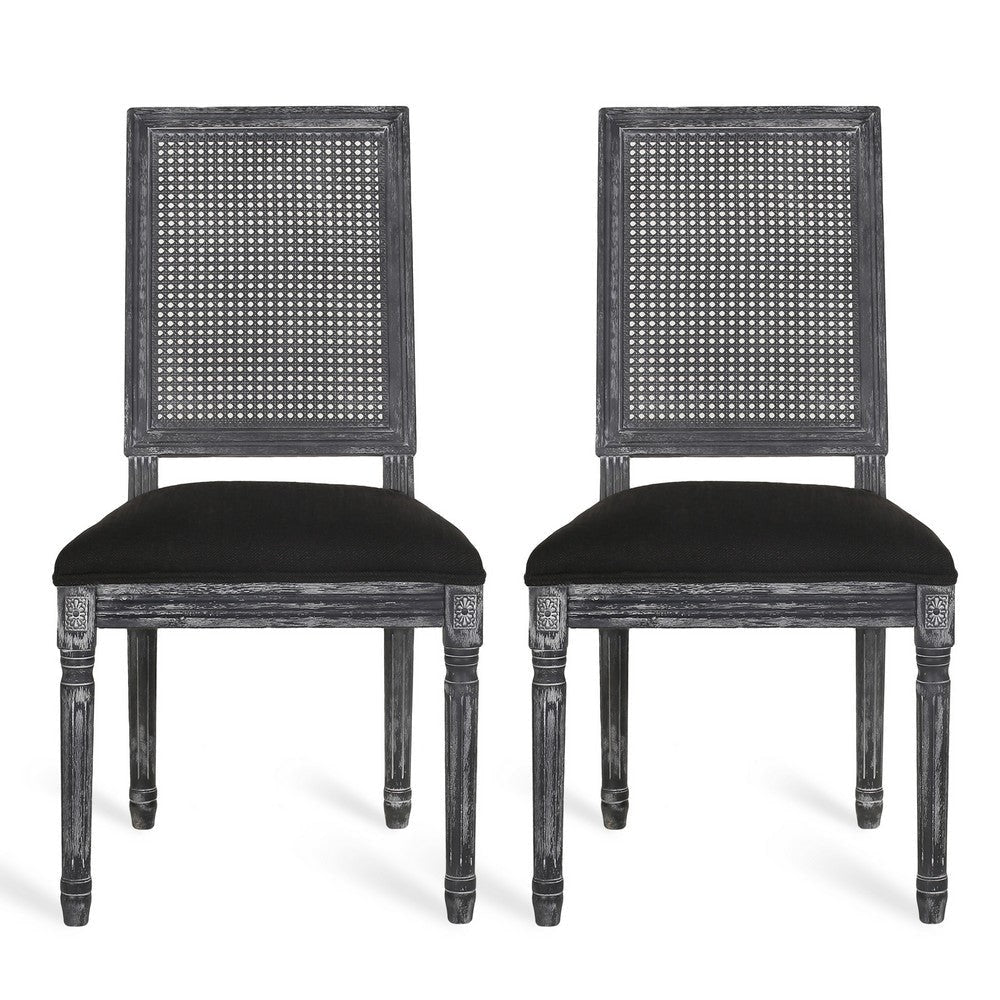 Marsie Dining Chair Set of 2 | Black Fabric | Wood Frame Cane Backrest