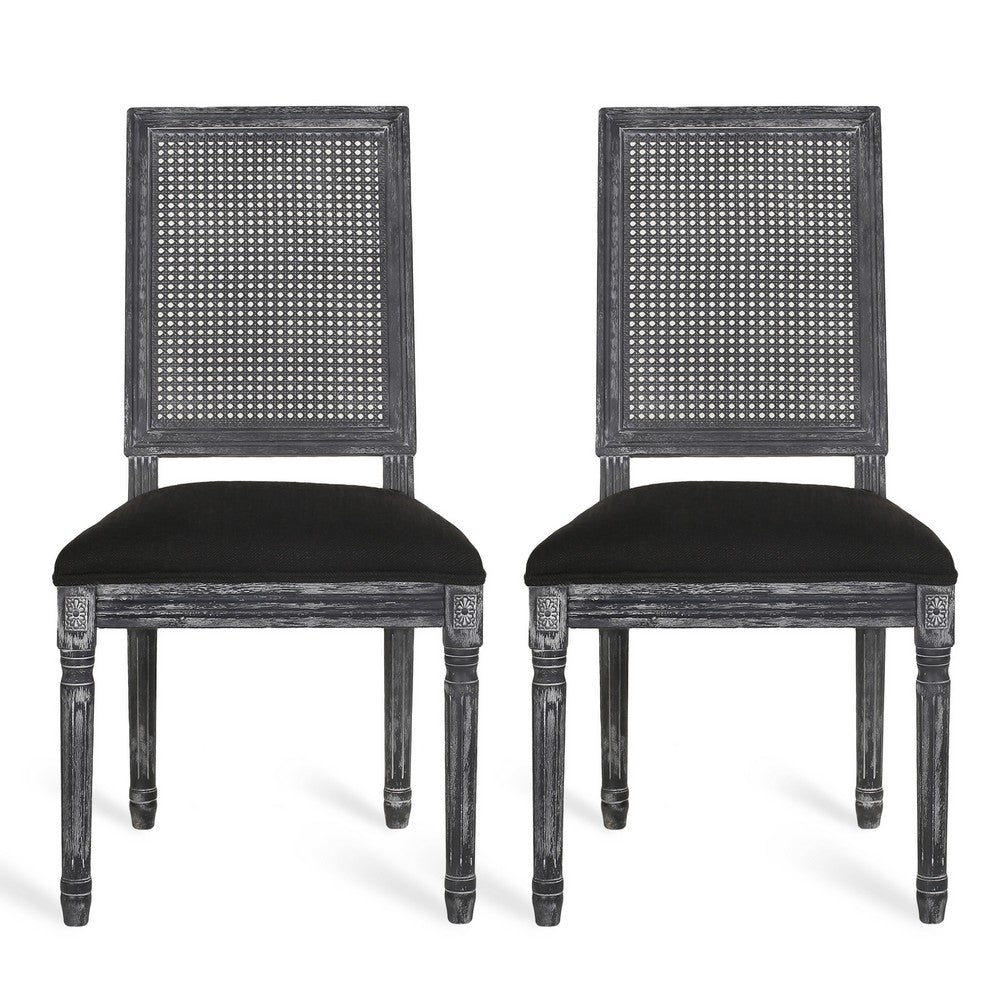 Marsie Dining Chair Set of 2 | Black Fabric | Wood Frame Cane Backrest