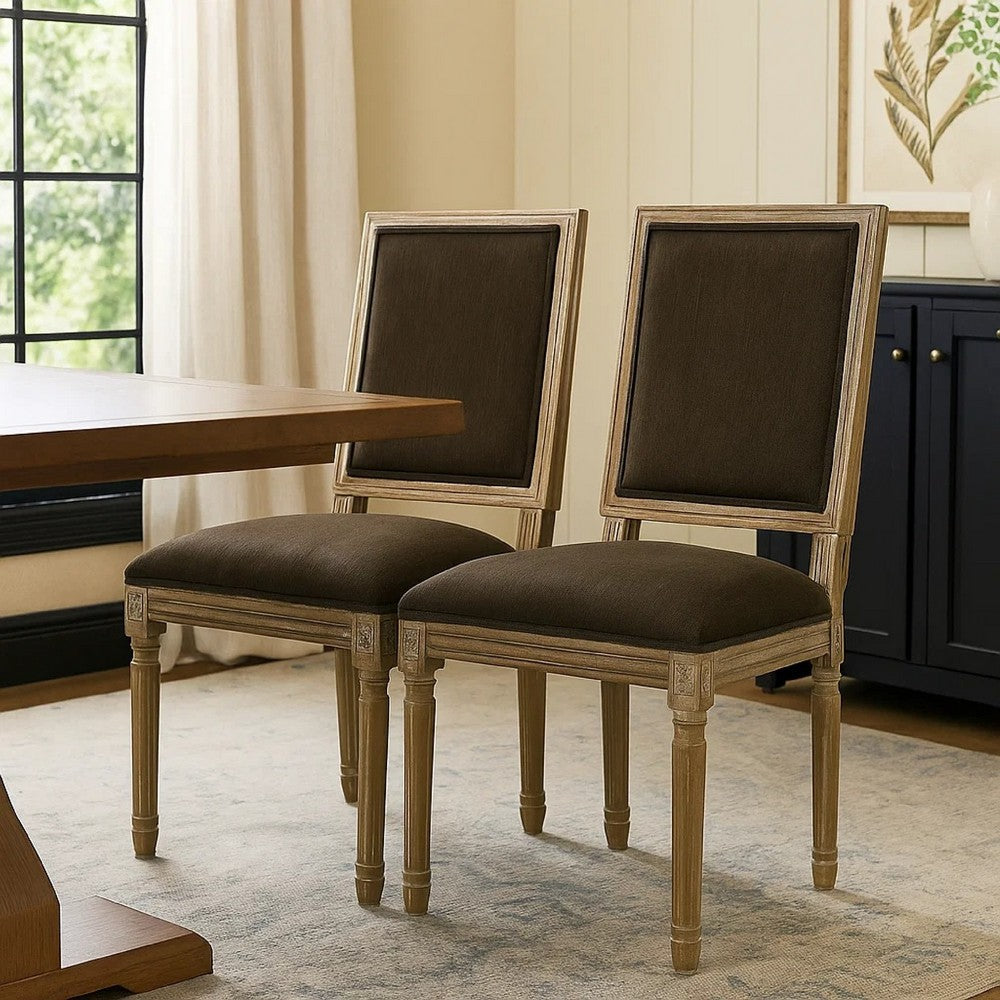 Kevin Dining Chair Set of 2 | Brown Fabric Padded Seat | Natural Wood
