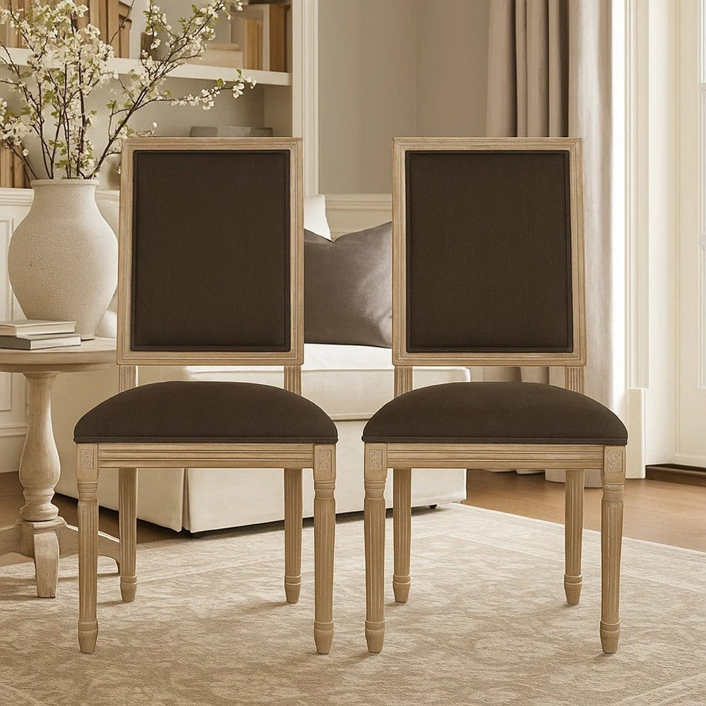 Kevin Dining Chair Set of 2 | Brown Fabric Padded Seat | Natural Wood