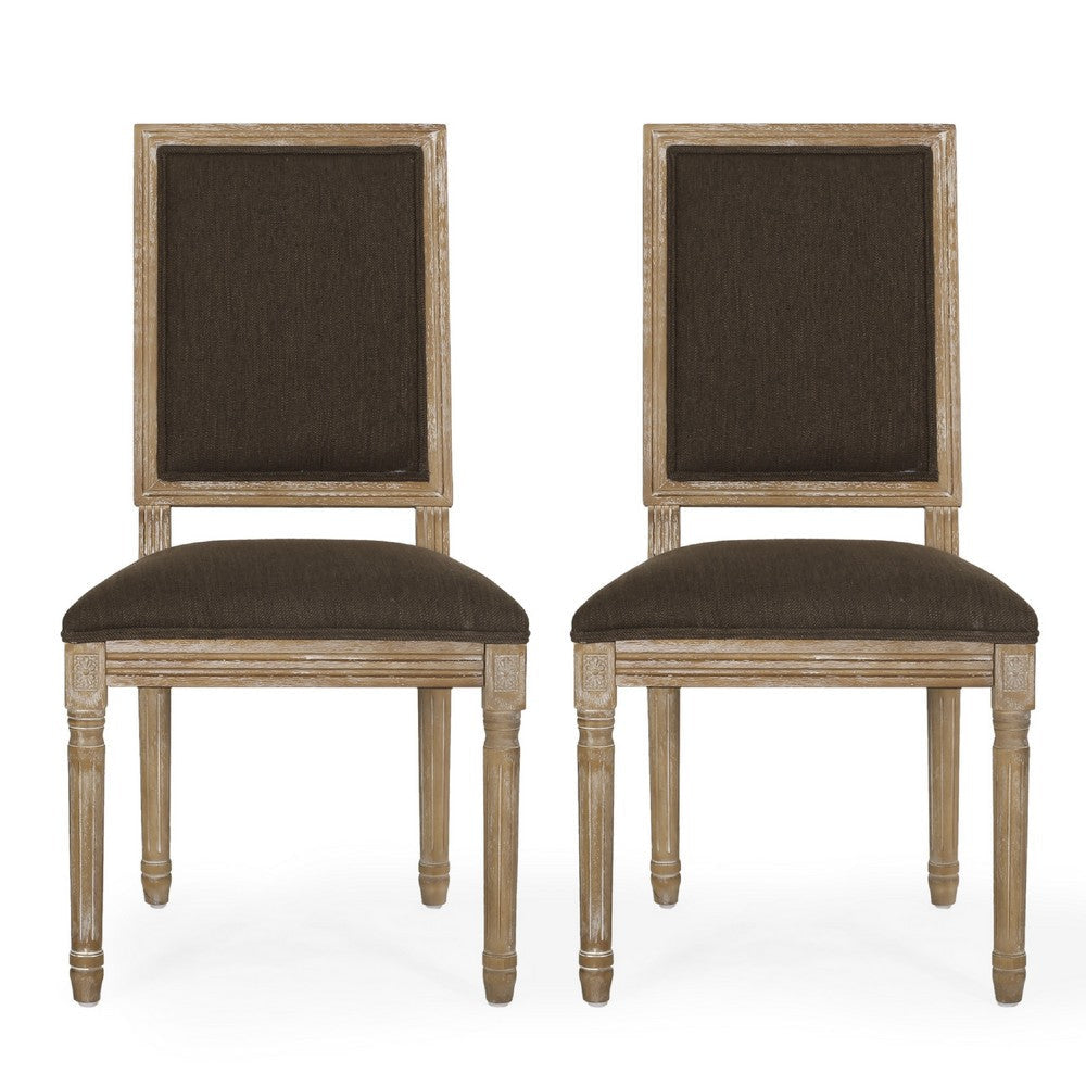 Kevin Dining Chair Set of 2 | Brown Fabric Padded Seat | Natural Wood