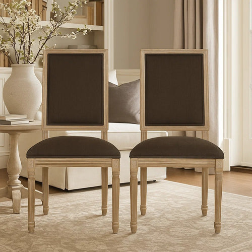 Kevin Dining Chair Set of 2 | Brown Fabric Padded Seat | Natural Wood