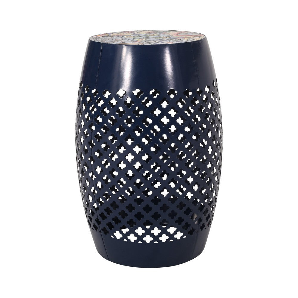 Rosie Outdoor Side Table | Dark Blue Iron | Lace Cut Drum Shape | 12’’ BM335353