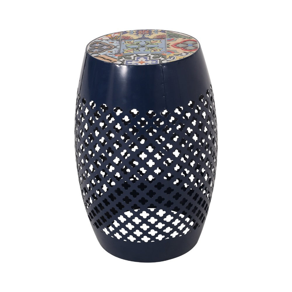 Rosie Outdoor Side Table | Dark Blue Iron | Lace Cut Drum Shape | 12"