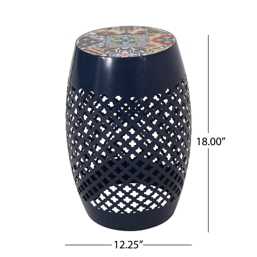 Rosie Outdoor Side Table | Dark Blue Iron | Lace Cut Drum Shape | 12"