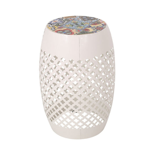 Rosie Outdoor Side Table | White Iron | Lace Cut Drum Structure | 12"