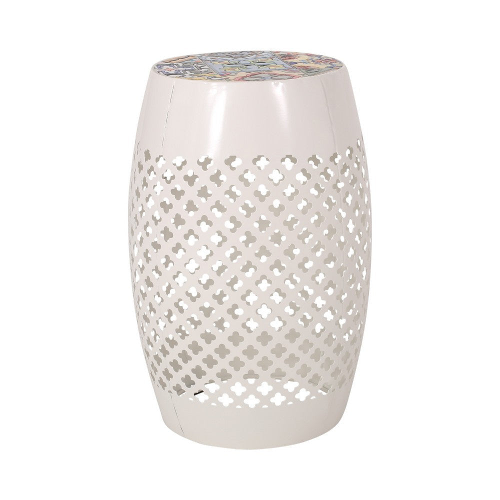 Rosie Outdoor Side Table | White Iron | Lace Cut Drum Structure | 12’’ BM335354