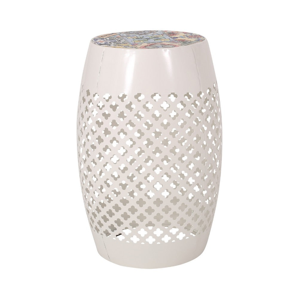 Rosie Outdoor Side Table | White Iron | Lace Cut Drum Structure | 12"