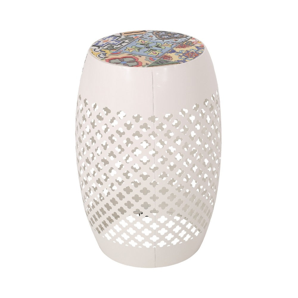 Rosie Outdoor Side Table | White Iron | Lace Cut Drum Structure | 12"