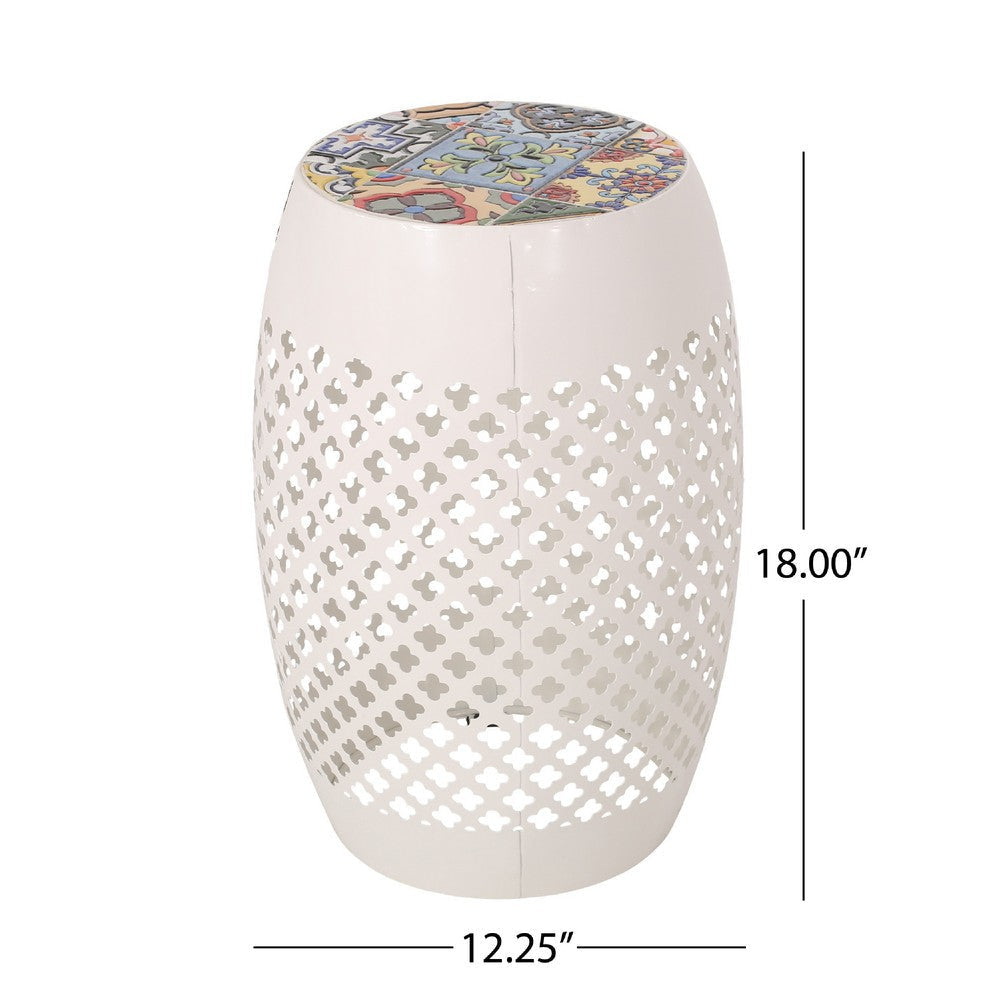 Rosie Outdoor Side Table | White Iron | Lace Cut Drum Structure | 12’’ BM335354