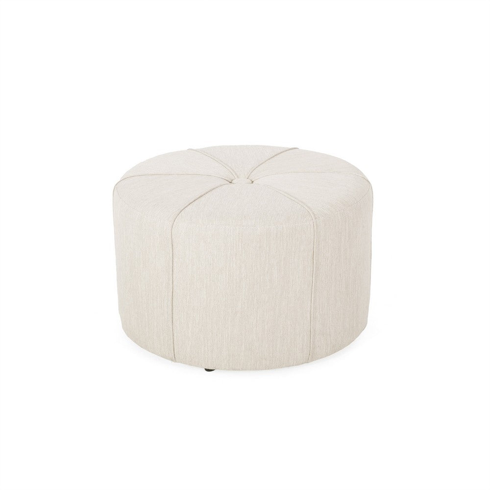 Ottoman | Button Tufted Beige Fabric | Plush Round Shape 28"