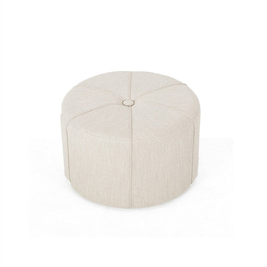 Ottoman | Button Tufted Beige Fabric | Plush Round Shape 28"