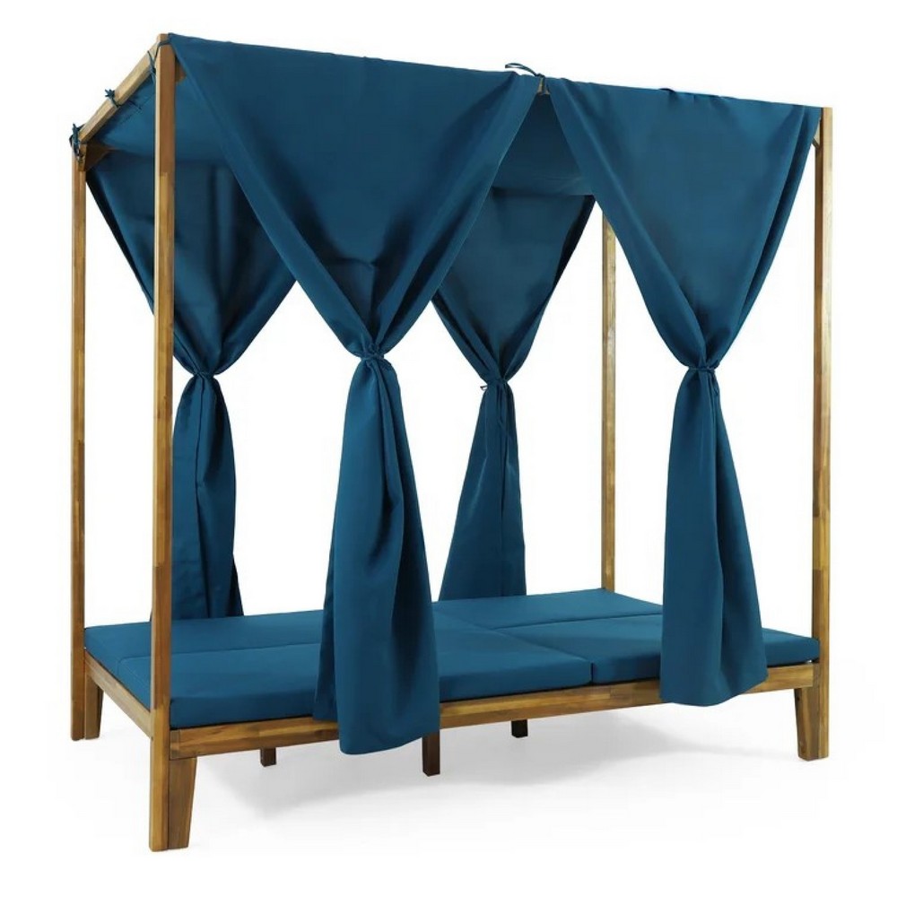 Yavi Outdoor Daybed | Brown Wood | Blue Waterproof Fabric | 79"