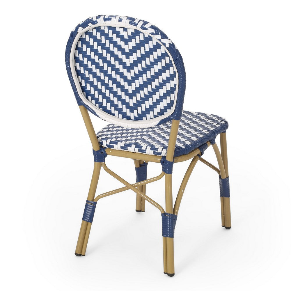 Outdoor French Bistro Chair Set of 2 | White Blue Wicker Woven | Brown