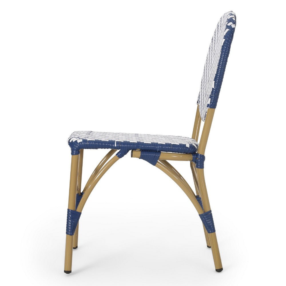 Outdoor French Bistro Chair Set of 2 | White Blue Wicker Woven | Brown