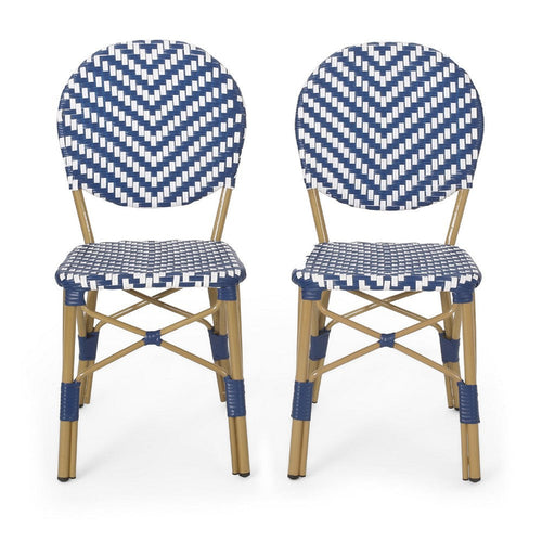 Outdoor French Bistro Chair Set of 2 | White Blue Wicker Woven | Brown