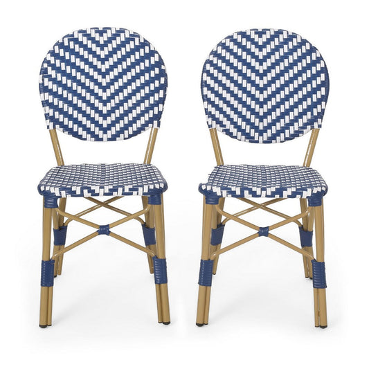 Outdoor French Bistro Chair Set of 2 | White Blue Wicker Woven | Brown