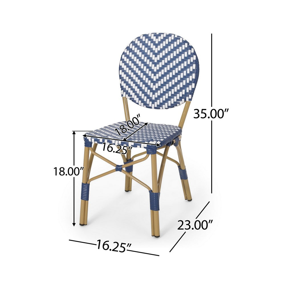 Outdoor French Bistro Chair Set of 2 | White Blue Wicker Woven | Brown