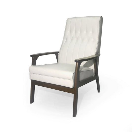 Modern Accent Chair | Snow White Tufted Faux Leather Brown Rubberwood