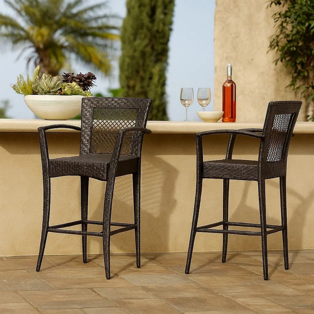 Fela Outdoor Barstool Chair Set of 2 | Wicker Woven | Brown Iron Frame