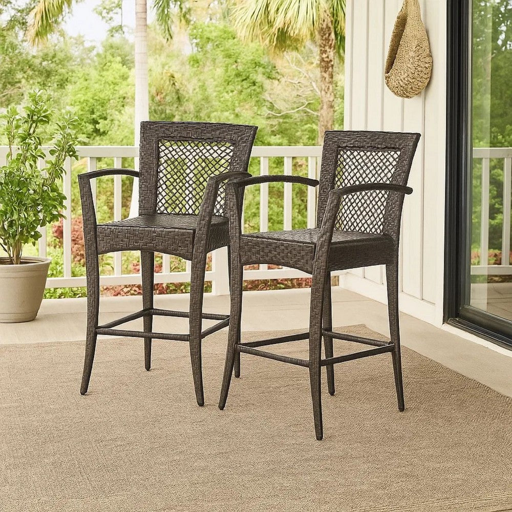 Fela Outdoor Barstool Chair Set of 2 | Wicker Woven | Brown Iron Frame