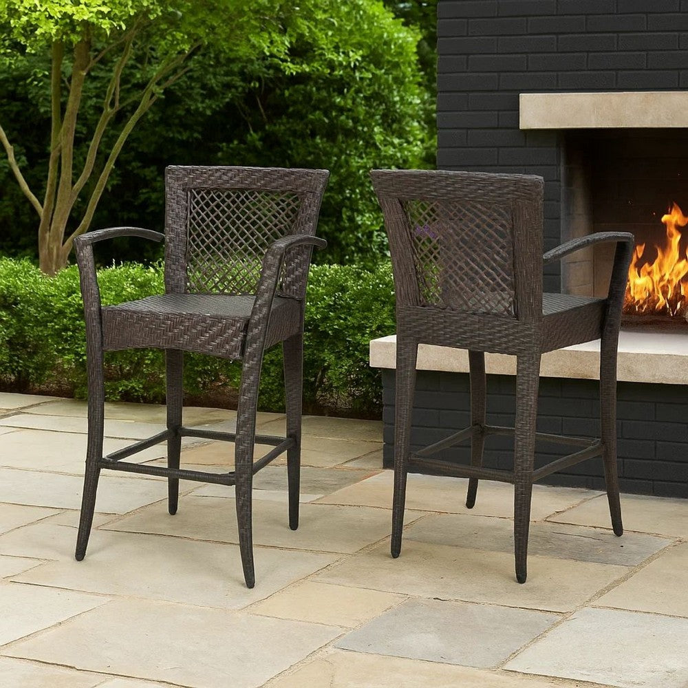 Fela Outdoor Barstool Chair Set of 2 | Wicker Woven | Brown Iron Frame