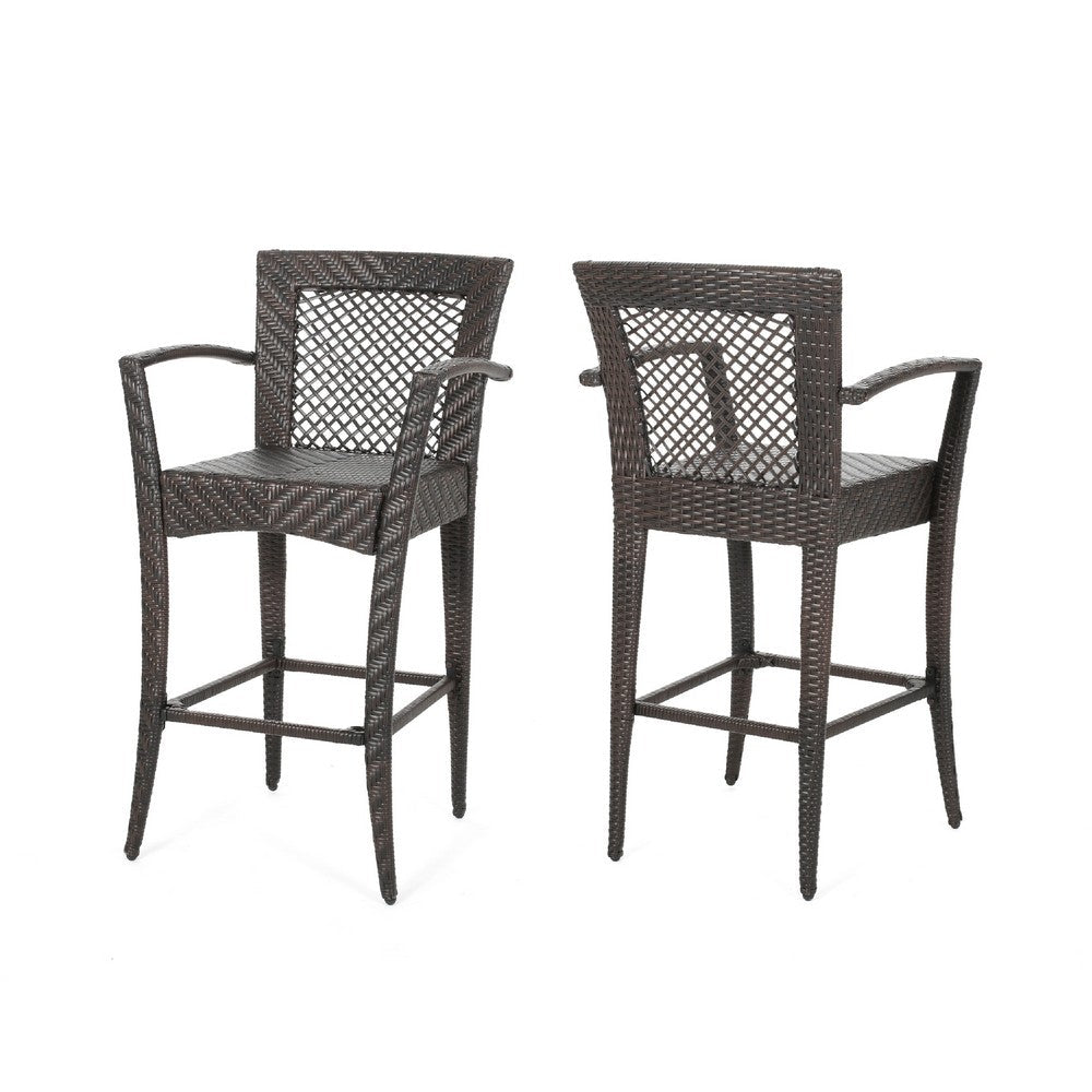 Fela Outdoor Barstool Chair Set of 2 | Wicker Woven | Brown Iron Frame