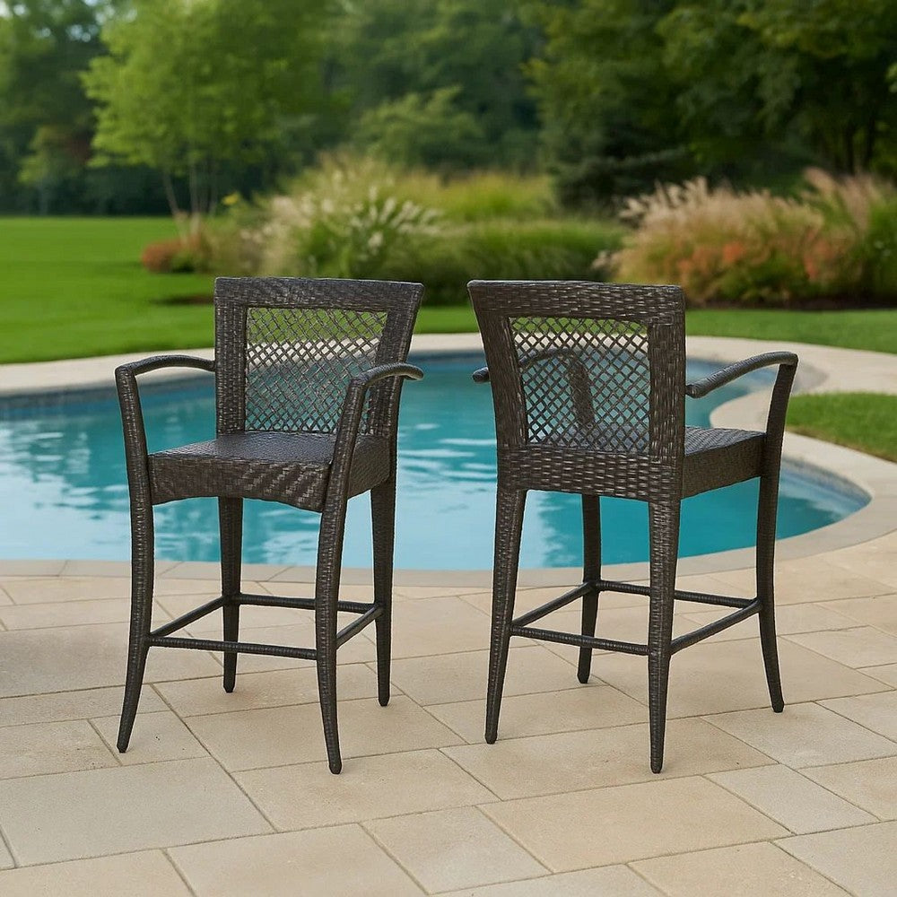 Fela Outdoor Barstool Chair Set of 2 | Wicker Woven | Brown Iron Frame