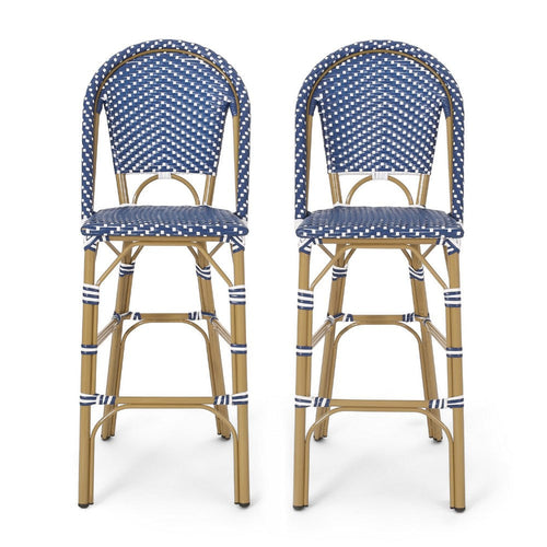 Meso Outdoor Barstool Chair Set of 2 | White Blue Wicker Woven | Brown