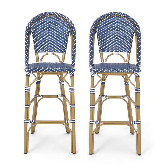 Meso Outdoor Barstool Chair Set of 2 | White Blue Wicker Woven | Brown