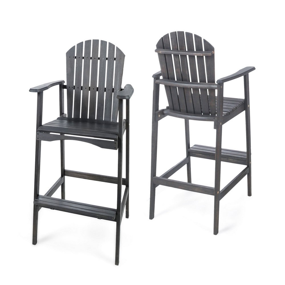 Outdoor Barstool Chair Set of 2 | Rustic Slatted Back | Dark Gray Wood