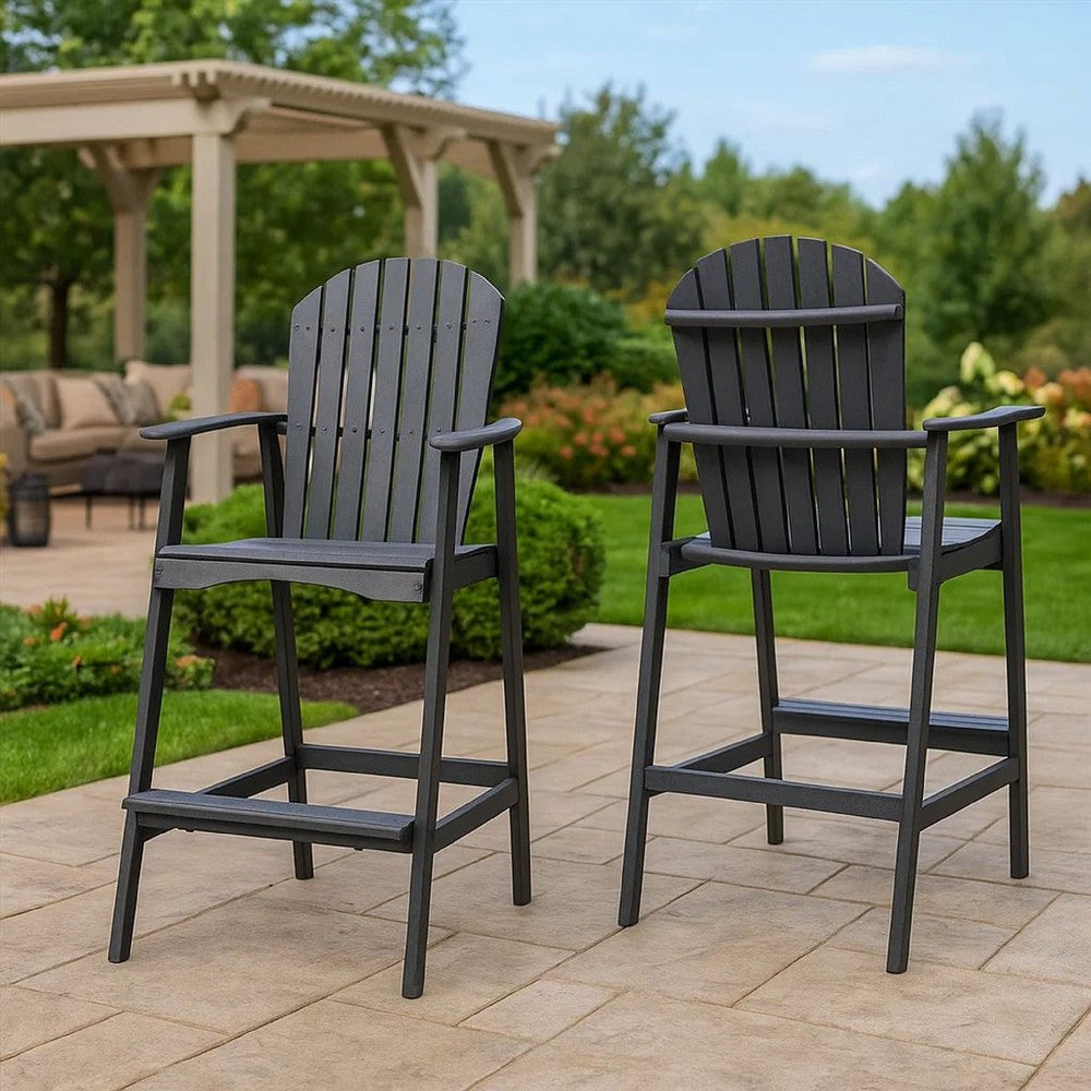 Outdoor Barstool Chair Set of 2 | Rustic Slatted Back | Dark Gray Wood