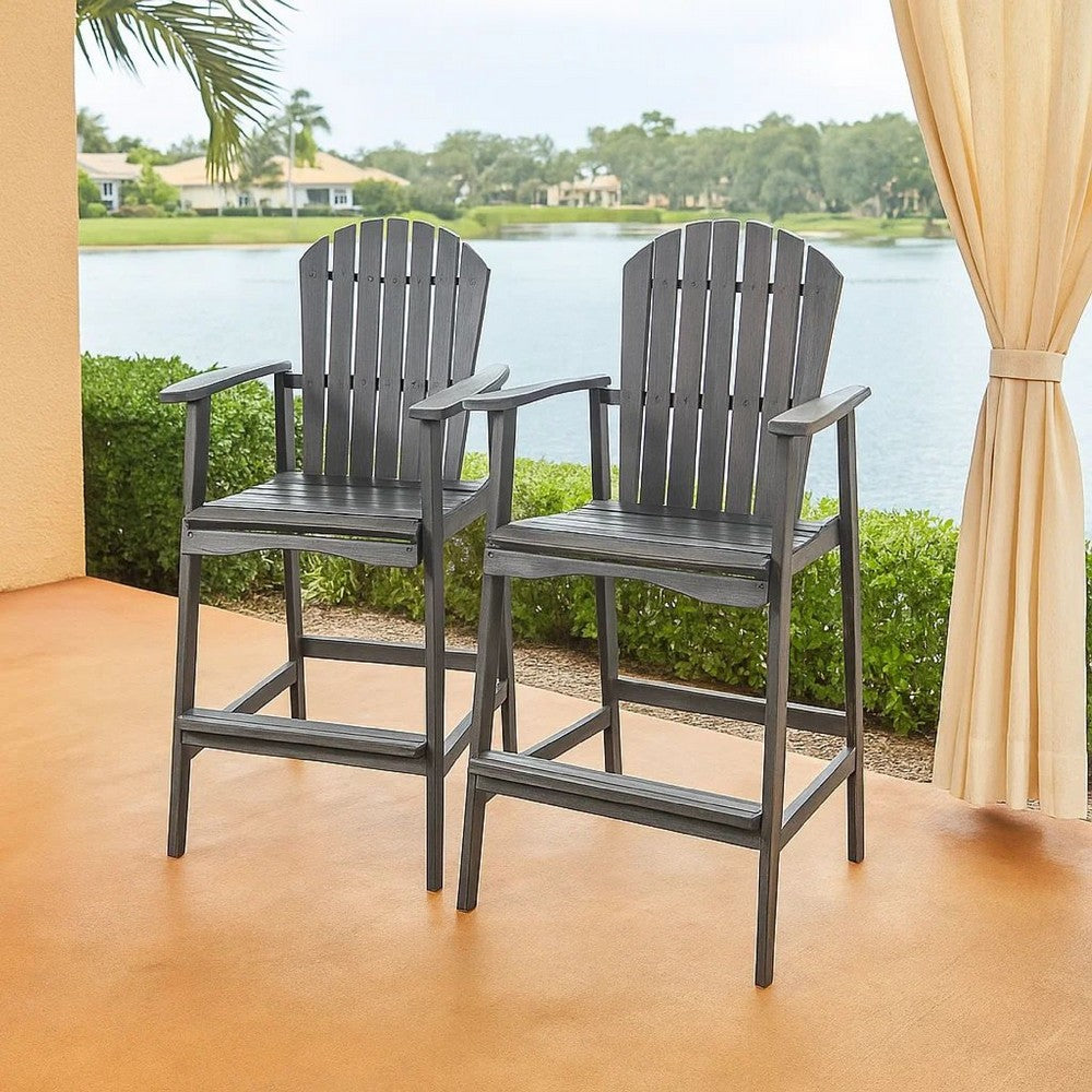 Outdoor Barstool Chair Set of 2 | Rustic Slatted Back | Dark Gray Wood