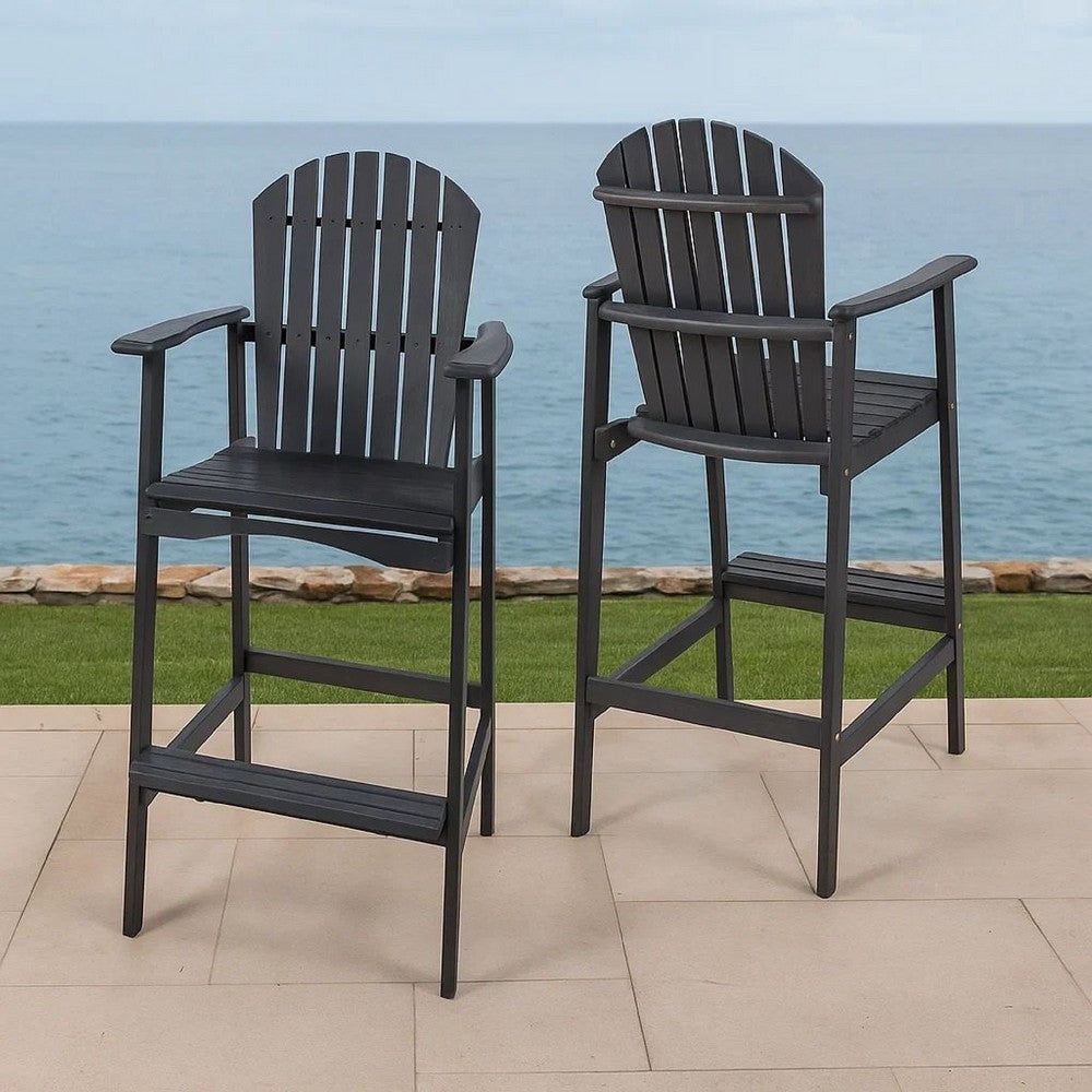 Outdoor Barstool Chair Set of 2 | Rustic Slatted Back | Dark Gray Wood