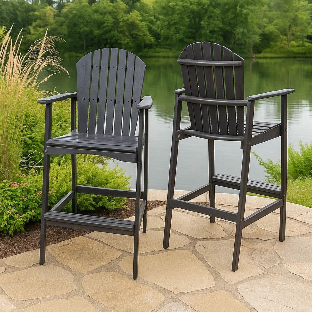 Outdoor Barstool Chair Set of 2 | Rustic Slatted Back | Dark Gray Wood
