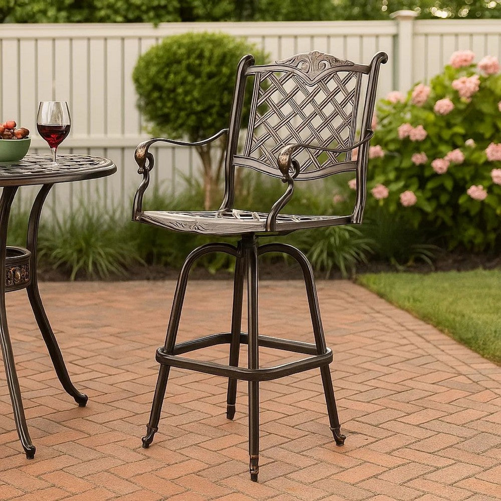 Outdoor Swivel Bar Height Chair | Ornate Bronze Aluminum Flared Base