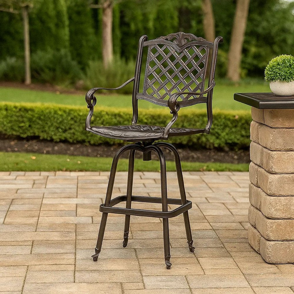 Outdoor Swivel Bar Height Chair | Ornate Bronze Aluminum Flared Base