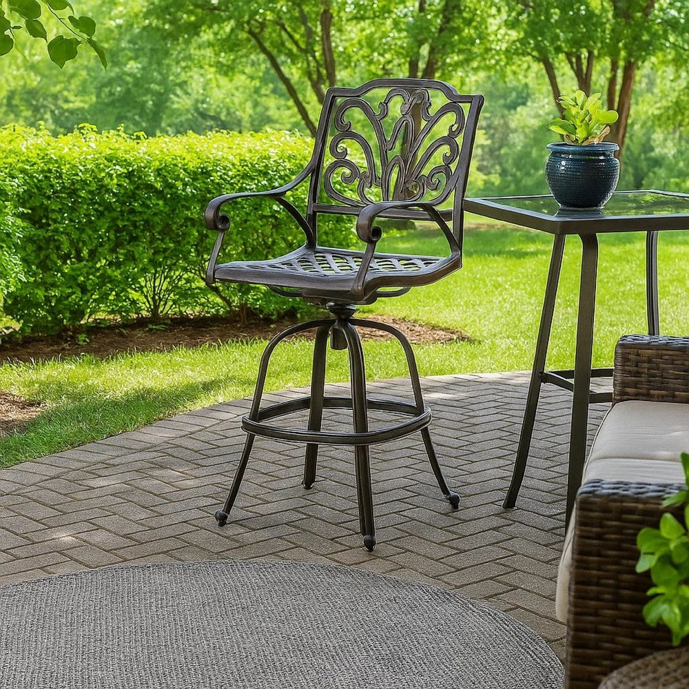 Outdoor Swivel Bar Height Chair | Ornate Bronze Aluminum Flared Base