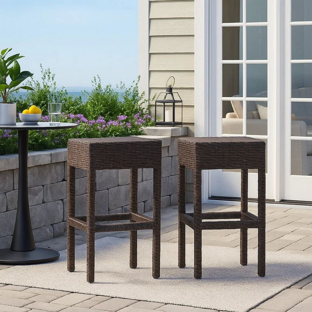 Outdoor Barstool Set of 2 | Industrial Style Dark Brown Rattan Woven