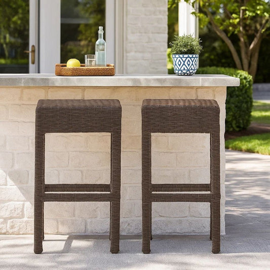 Outdoor Barstool Set of 2 | Industrial Style Dark Brown Rattan Woven