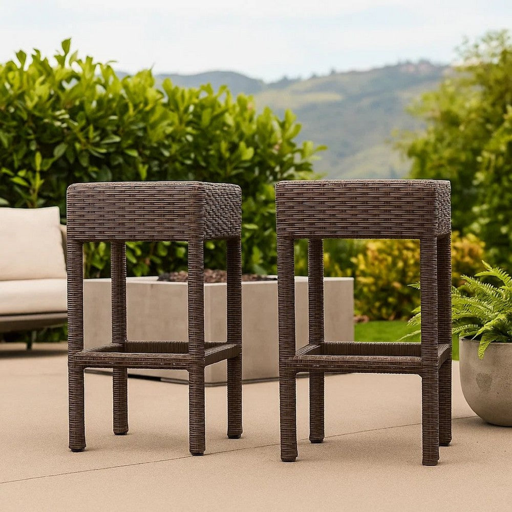 Outdoor Barstool Set of 2 | Industrial Style Dark Brown Rattan Woven