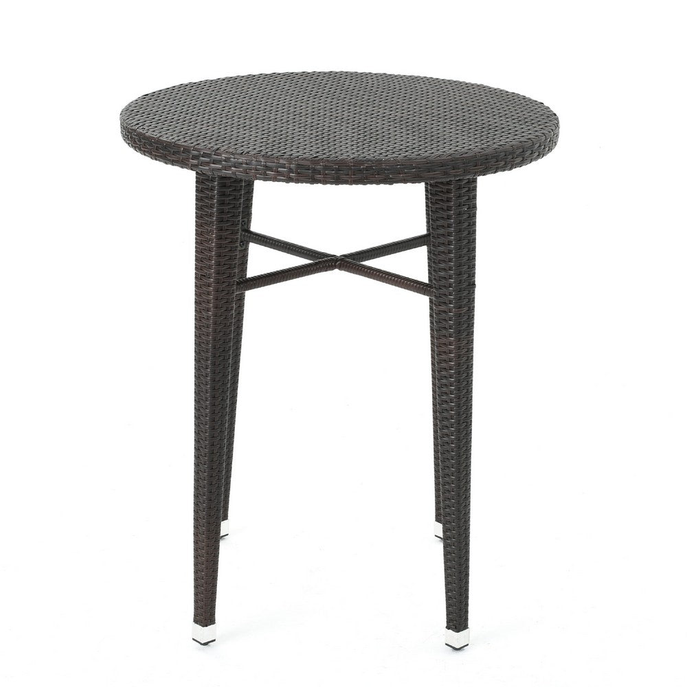 Outdoor Bar Table | 34" Round Top | White and Dark Brown Rattan Woven
