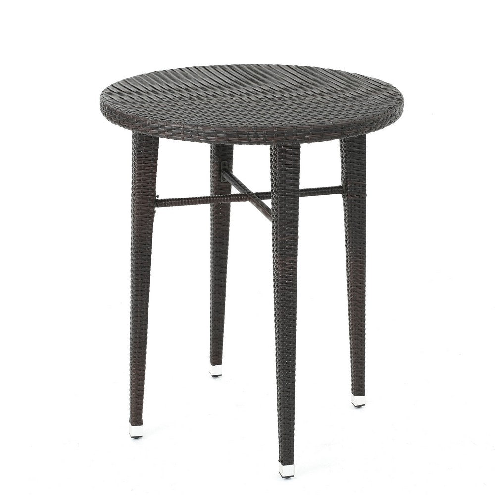 Outdoor Bar Table | 34" Round Top | White and Dark Brown Rattan Woven