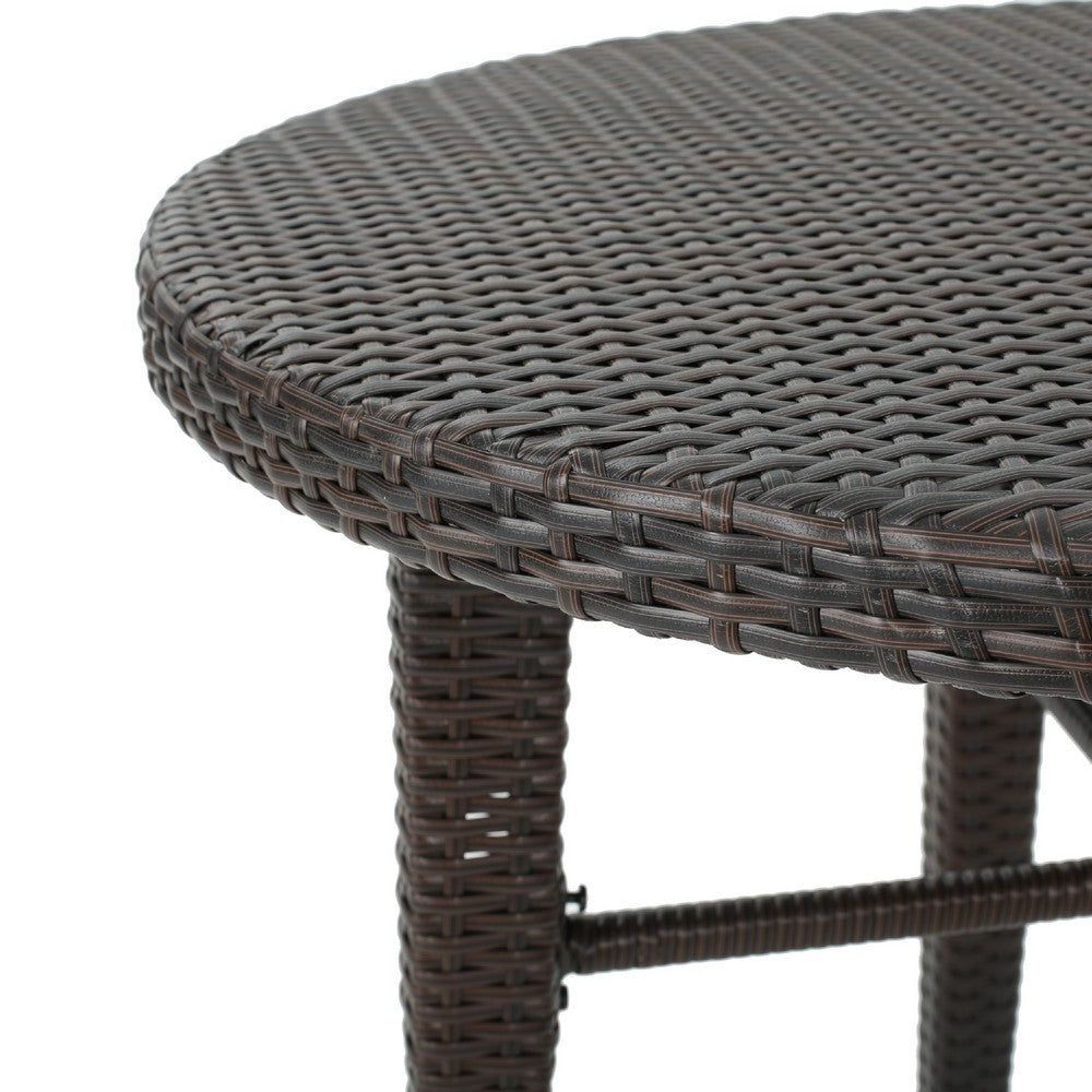 Outdoor Bar Table | 34" Round Top | White and Dark Brown Rattan Woven