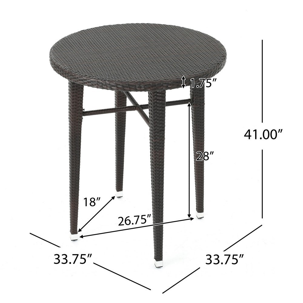 Outdoor Bar Table | 34" Round Top | White and Dark Brown Rattan Woven