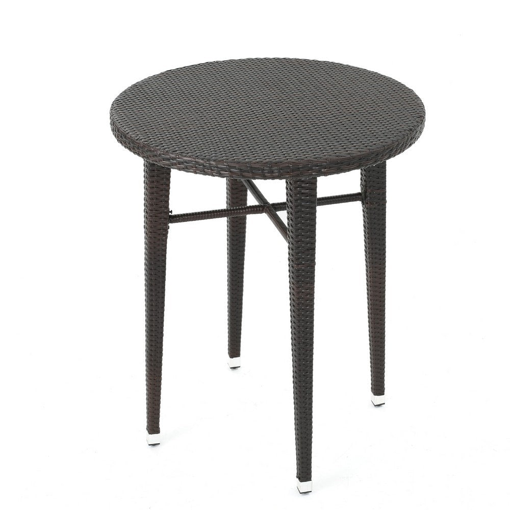 Outdoor Bar Table | 34" Round Top | White and Dark Brown Rattan Woven